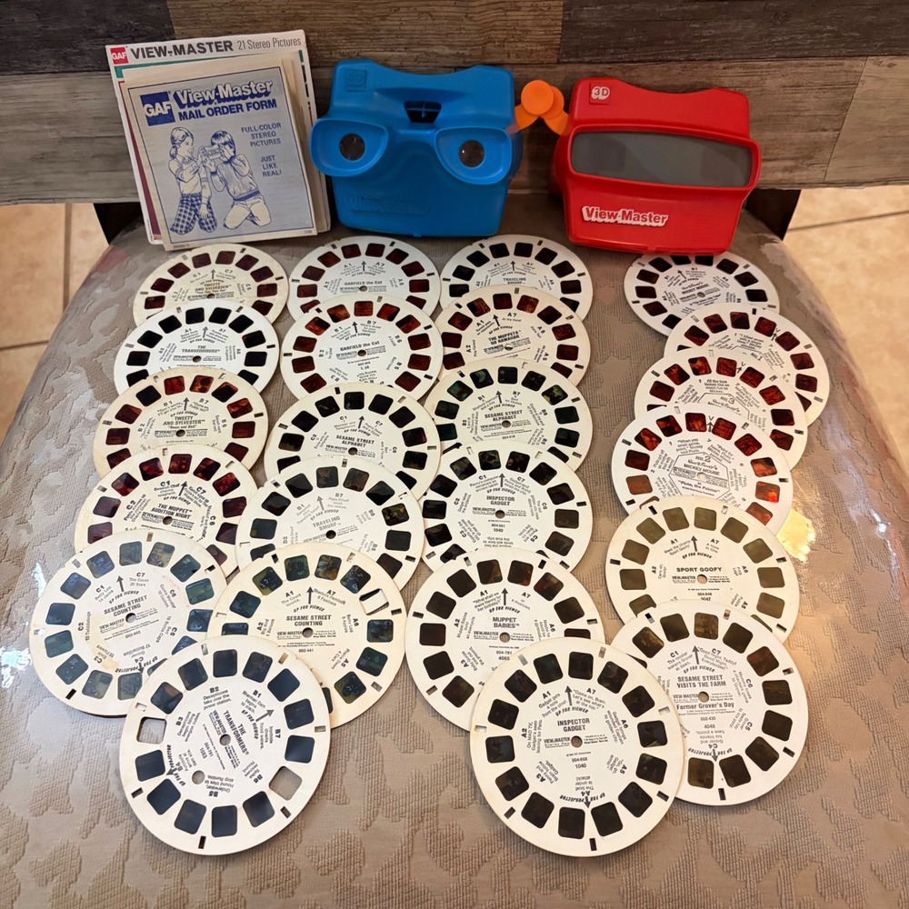 Vintage GAF View-Master Lot 2 Viewers 21 Reels Transformers Disney Sesame Street